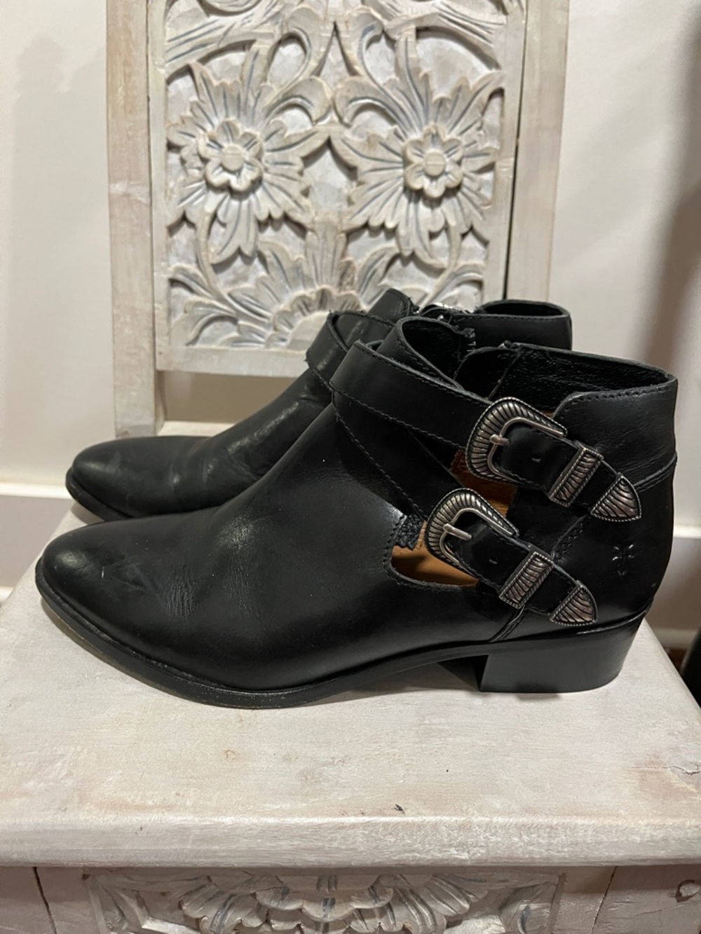 Frye Black Leather Ankle Boots with Western Buckle Straps
